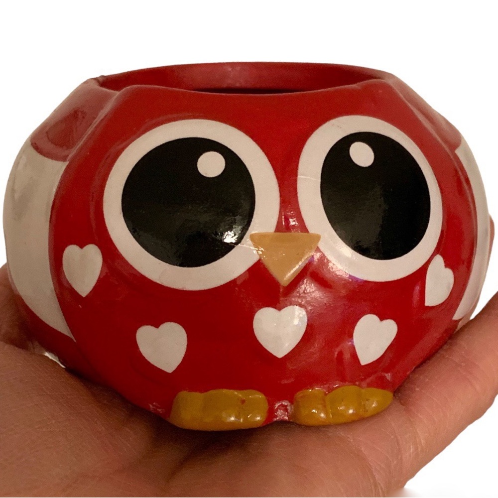 Valentine’s Day Ceramic Owl Plant Pot, Small Owl Pot, Red Owl, Owl Decor, Heart.